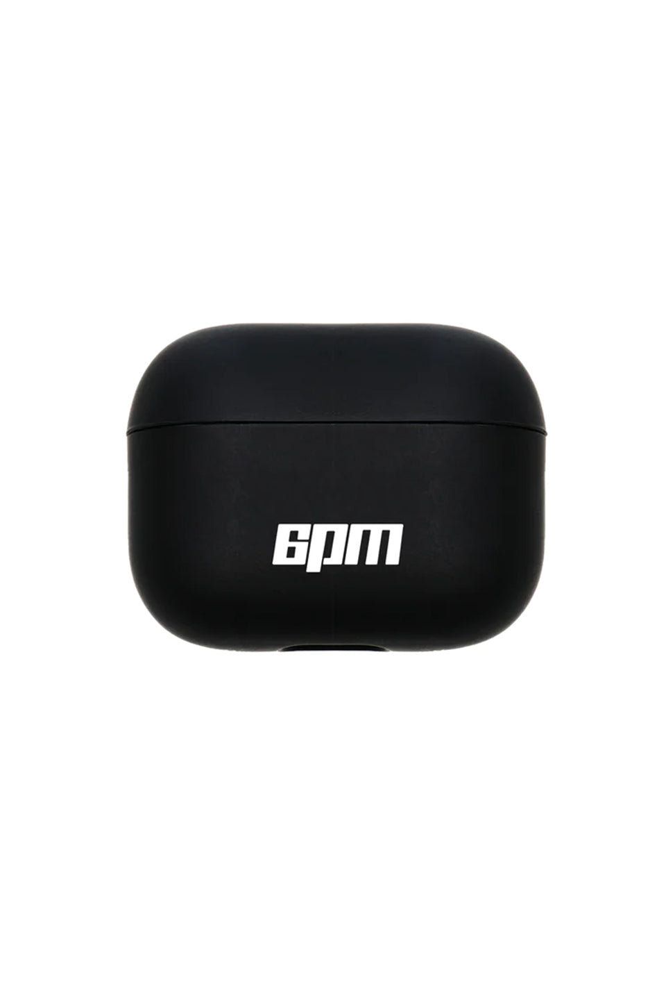 A black AIRPODS CASE BLACK by 6PM, featuring a smooth finish and the white 6PM logo on the front, is shown against a plain white background.